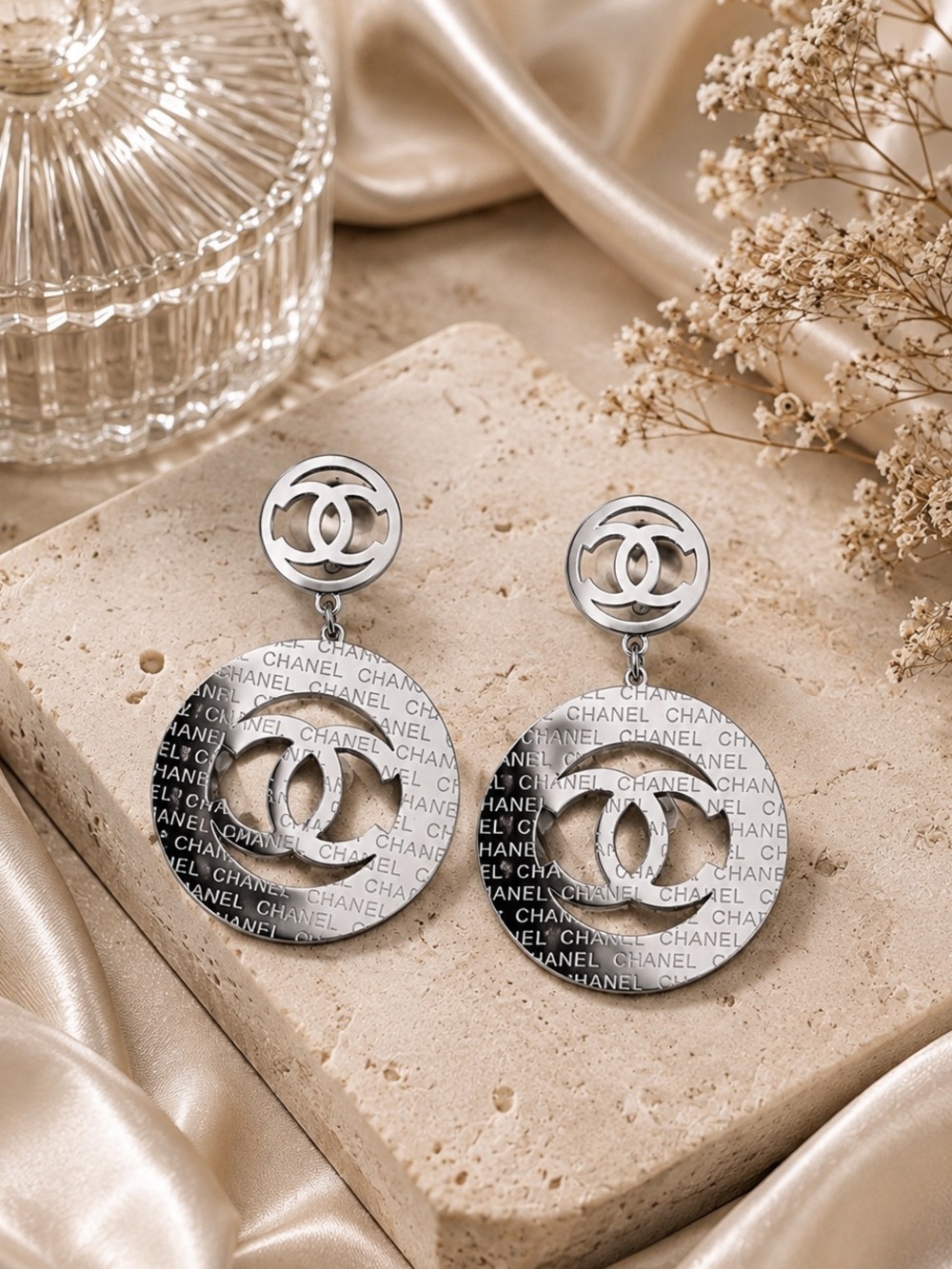 Round Silver CC Drop Earrings